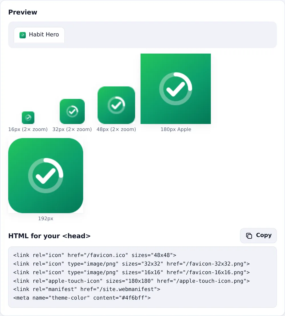Favicon preview in a browser tab with the generated icon sizes and HTML code
