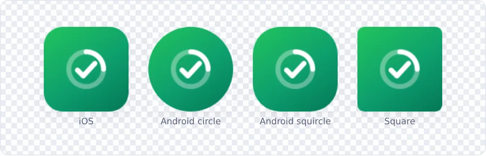 One app icon previewed as an iOS rounded square, Android circle, Android squircle and plain square