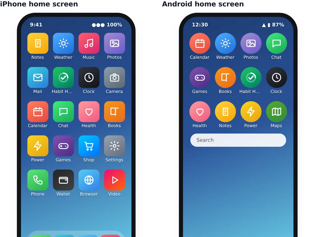 An app icon placed on mock iPhone and Android home screens between other apps