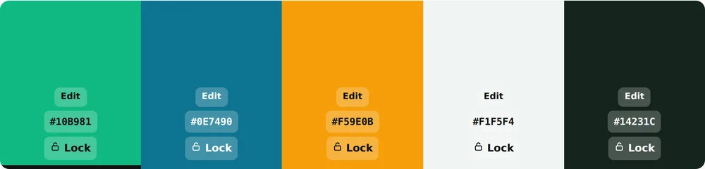 A five-color app palette with hex codes and lock buttons