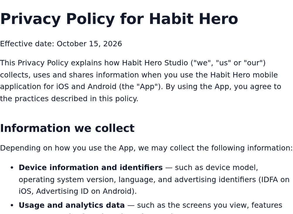 A generated privacy policy for an example app shown in the preview tab