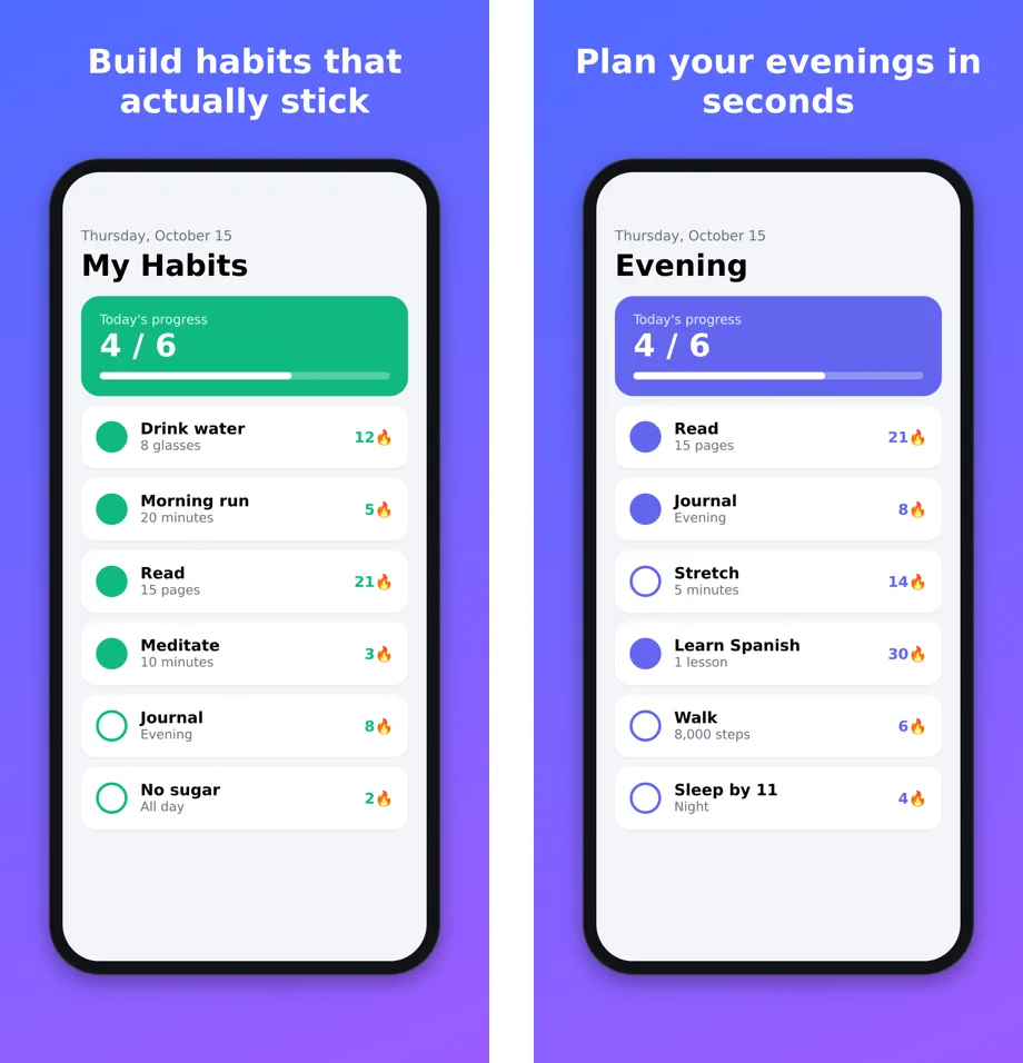 Two App Store screenshots of a habit tracker app in phone frames with captions on a gradient