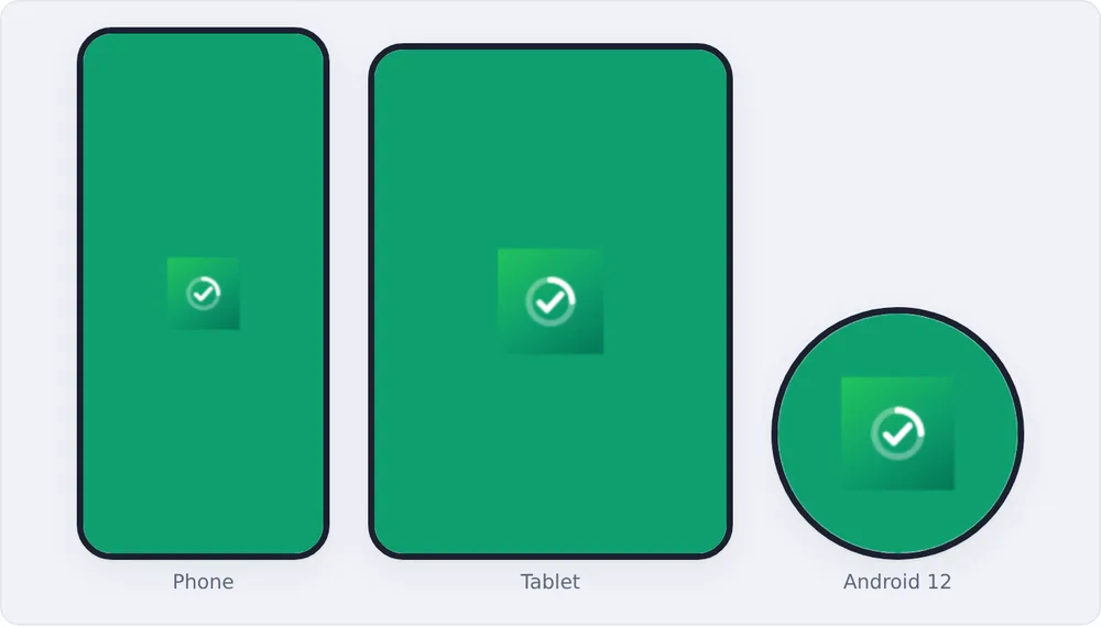 Splash screen previews on a phone, a tablet and the Android 12 circular splash icon